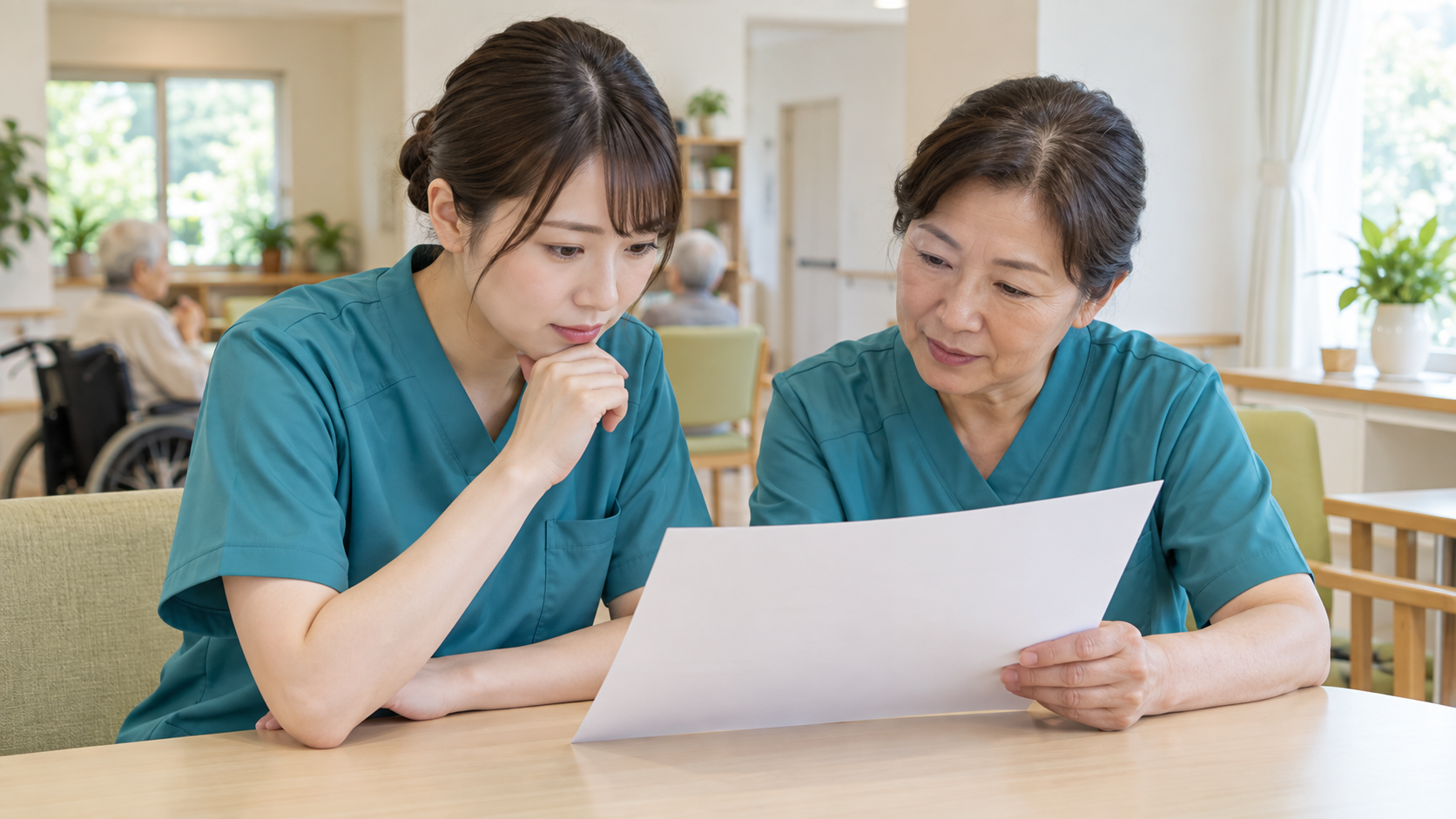 受験科目の範囲を確認する介護職