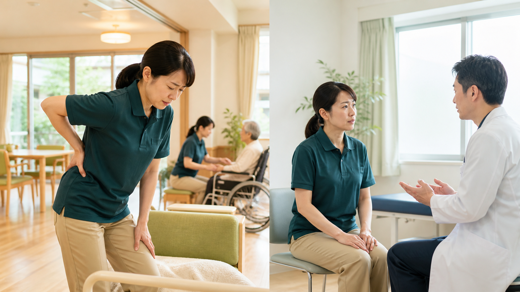強い腰痛やしびれがあるときは介助を続けず受診を検討する