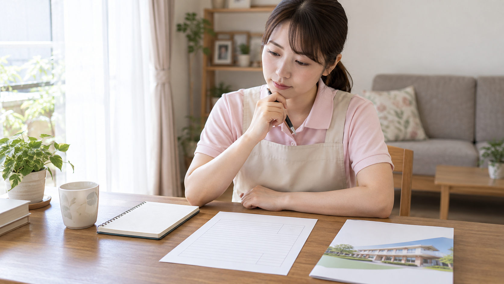 介護職の面接前に経歴と応募先を整理する女性