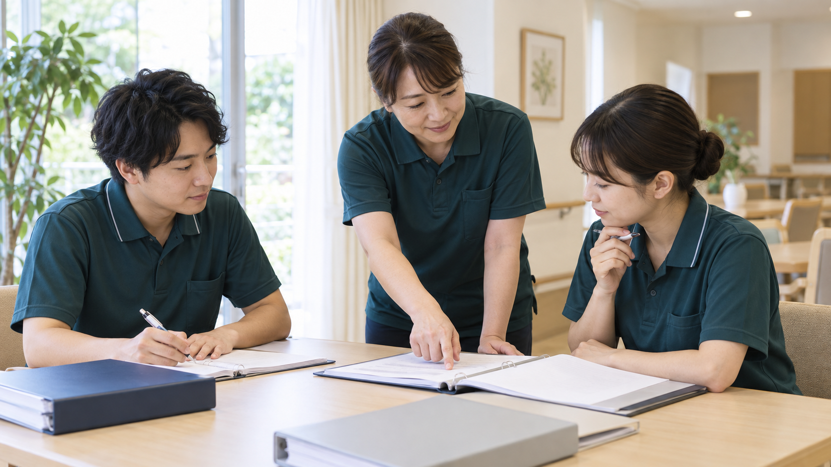実務者研修と試験対策の資料を確認する介護職