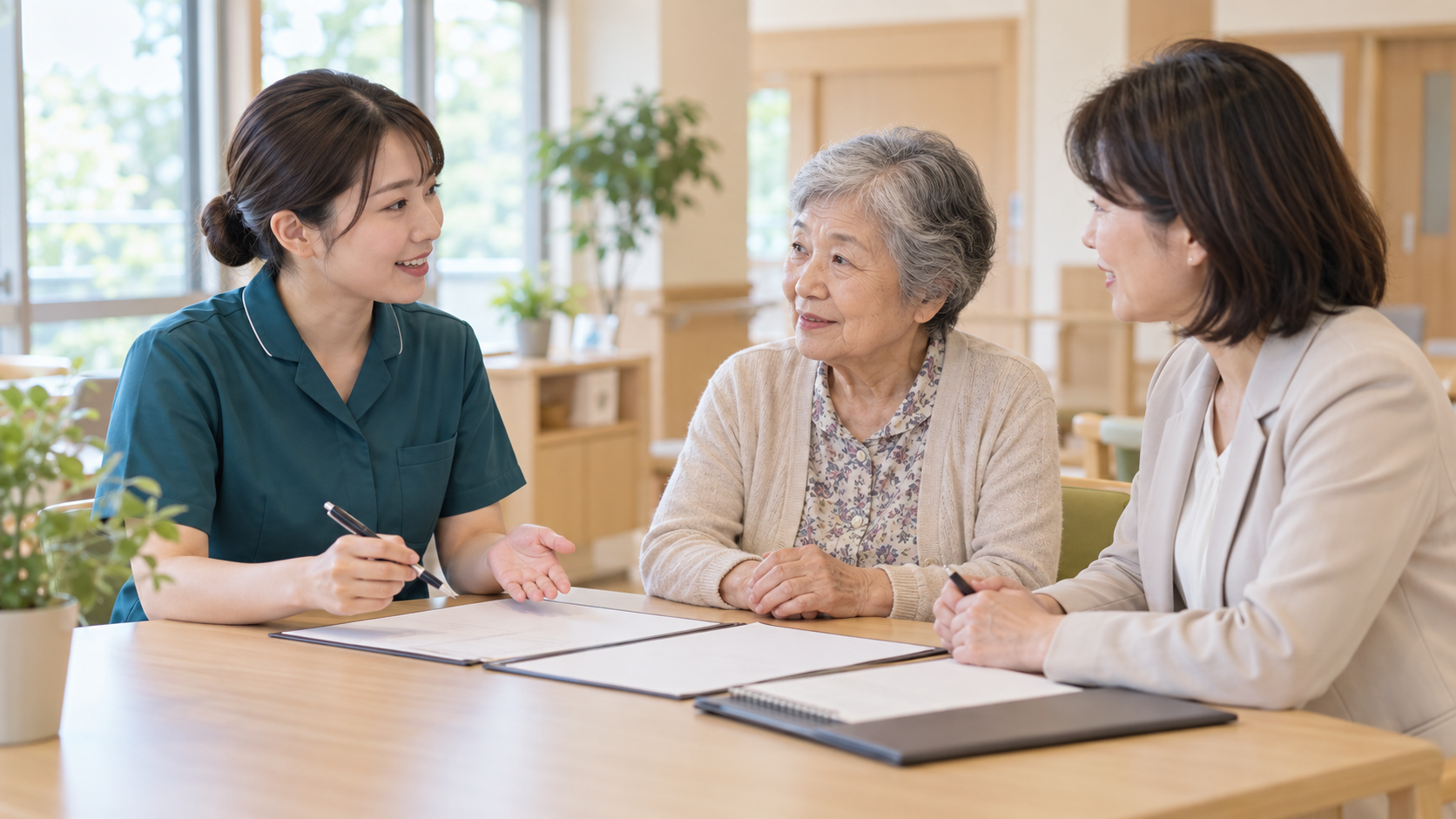 相談業務で利用者と家族の話を聞く介護職