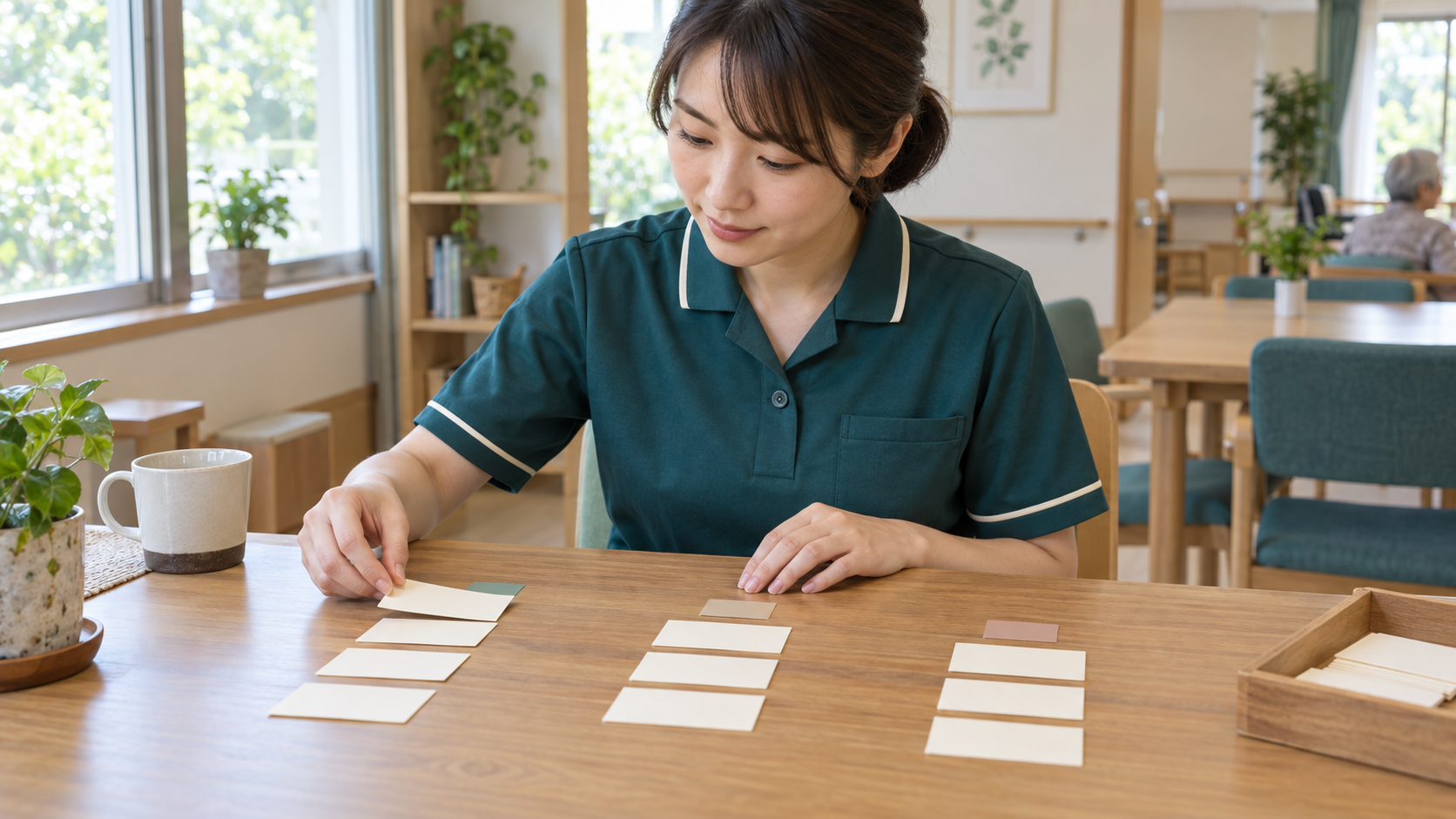 科目群ごとに採点結果を整理する介護職