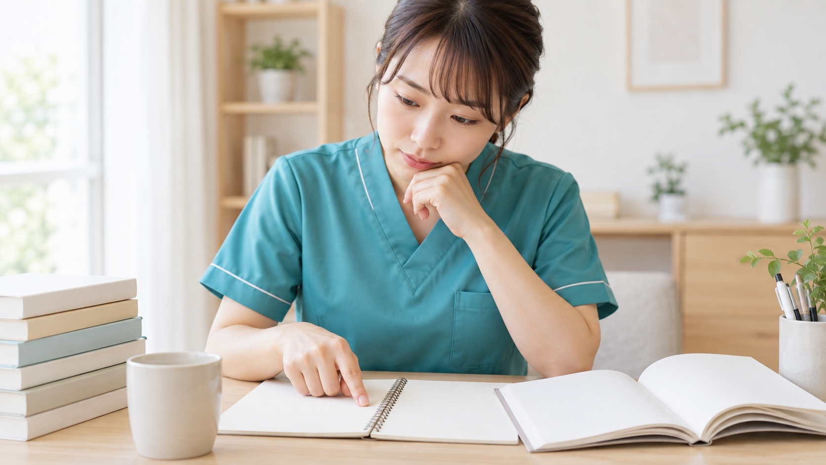 誤答の理由をノートで整理する介護職