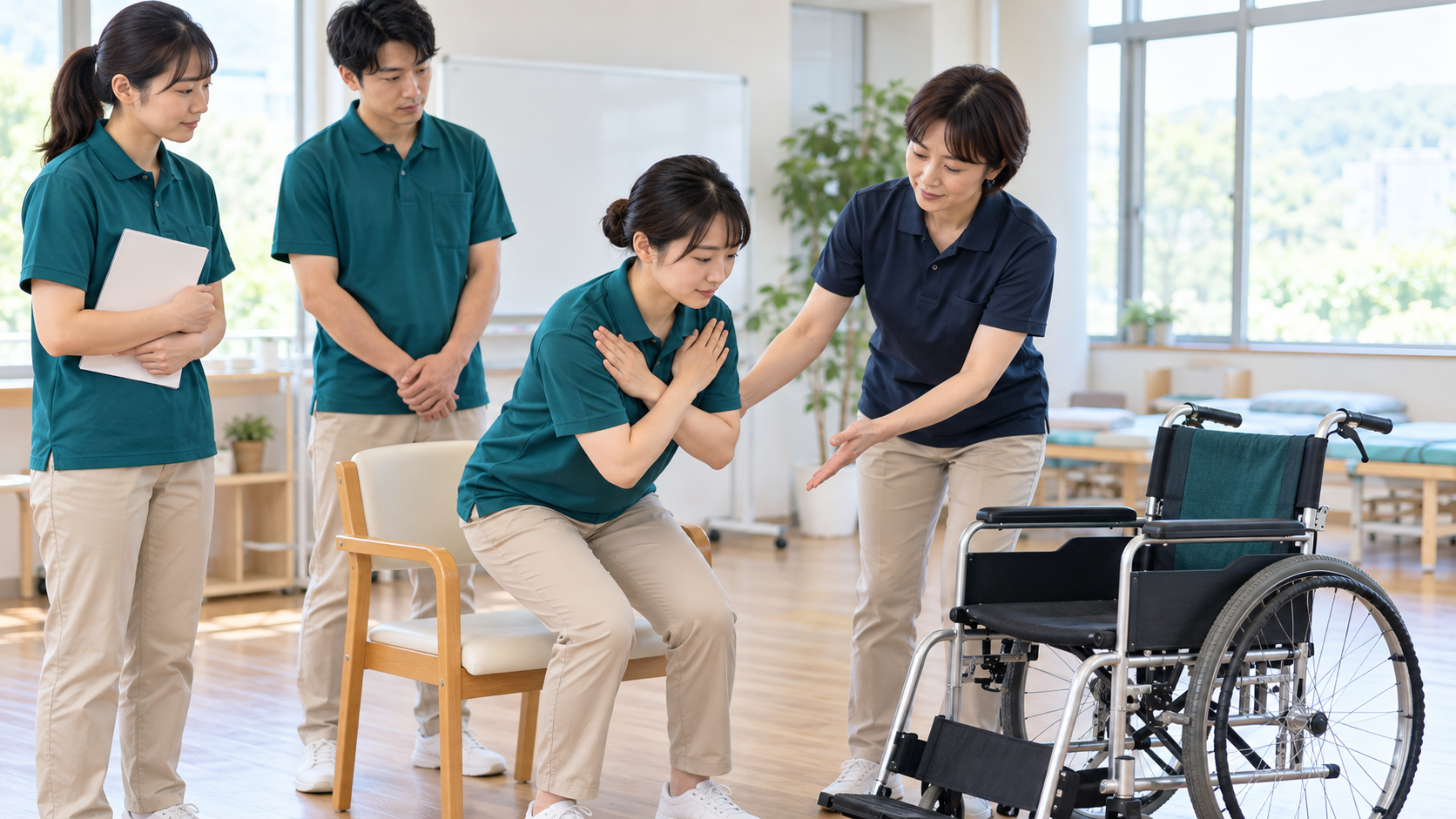 介護職員研修で安全な動作を学ぶ受講者