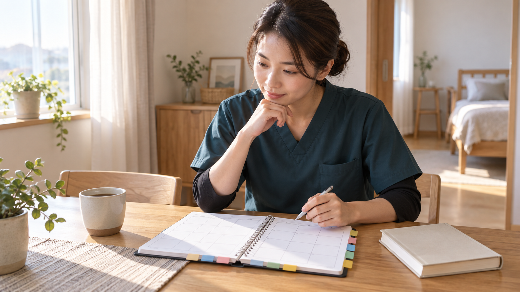 勤務に合わせた国家試験の学習計画を立てる介護職