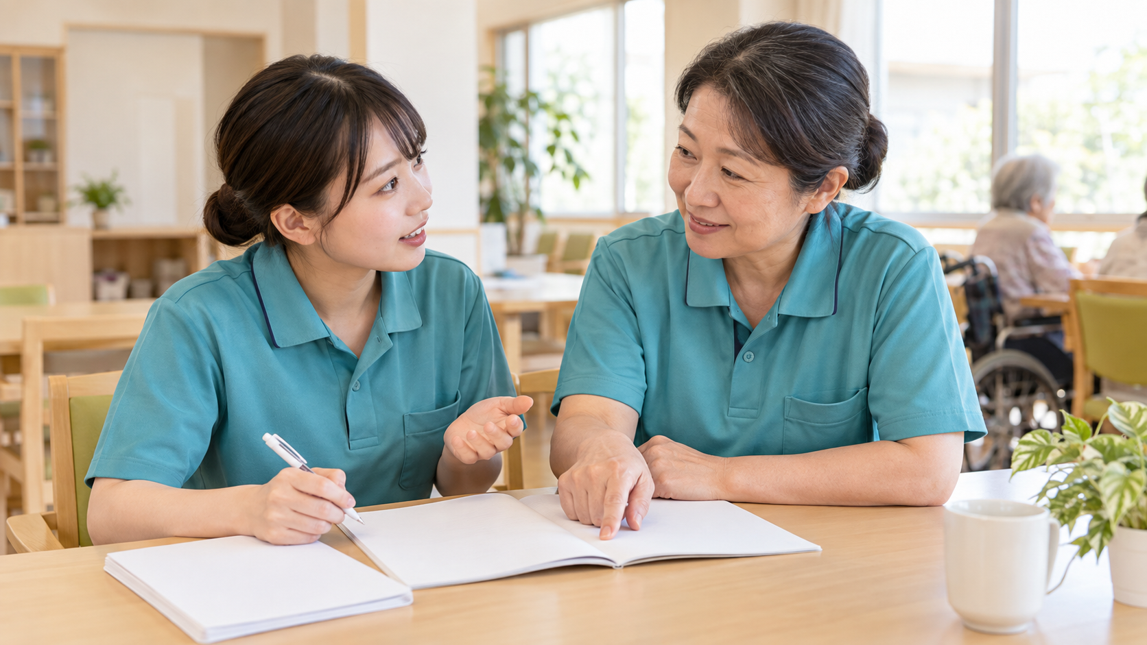 勉強方法を先輩に相談する介護職