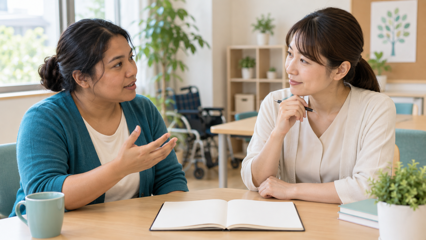 試験対策の疑問を先輩に質問する介護職