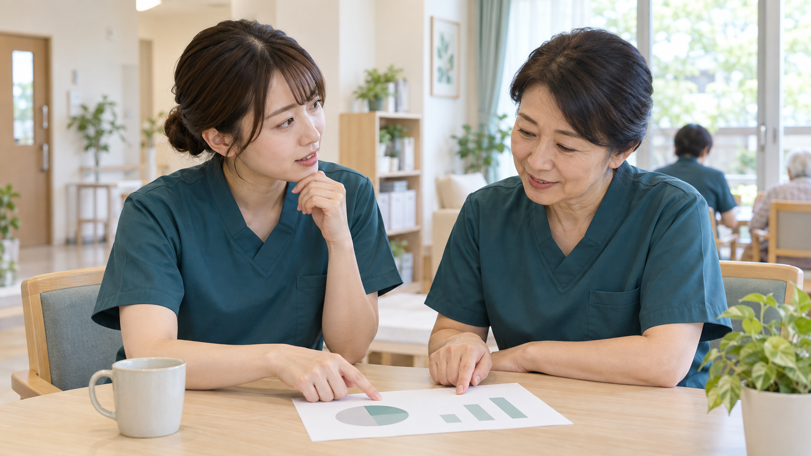 採点方法について先輩に質問する介護職