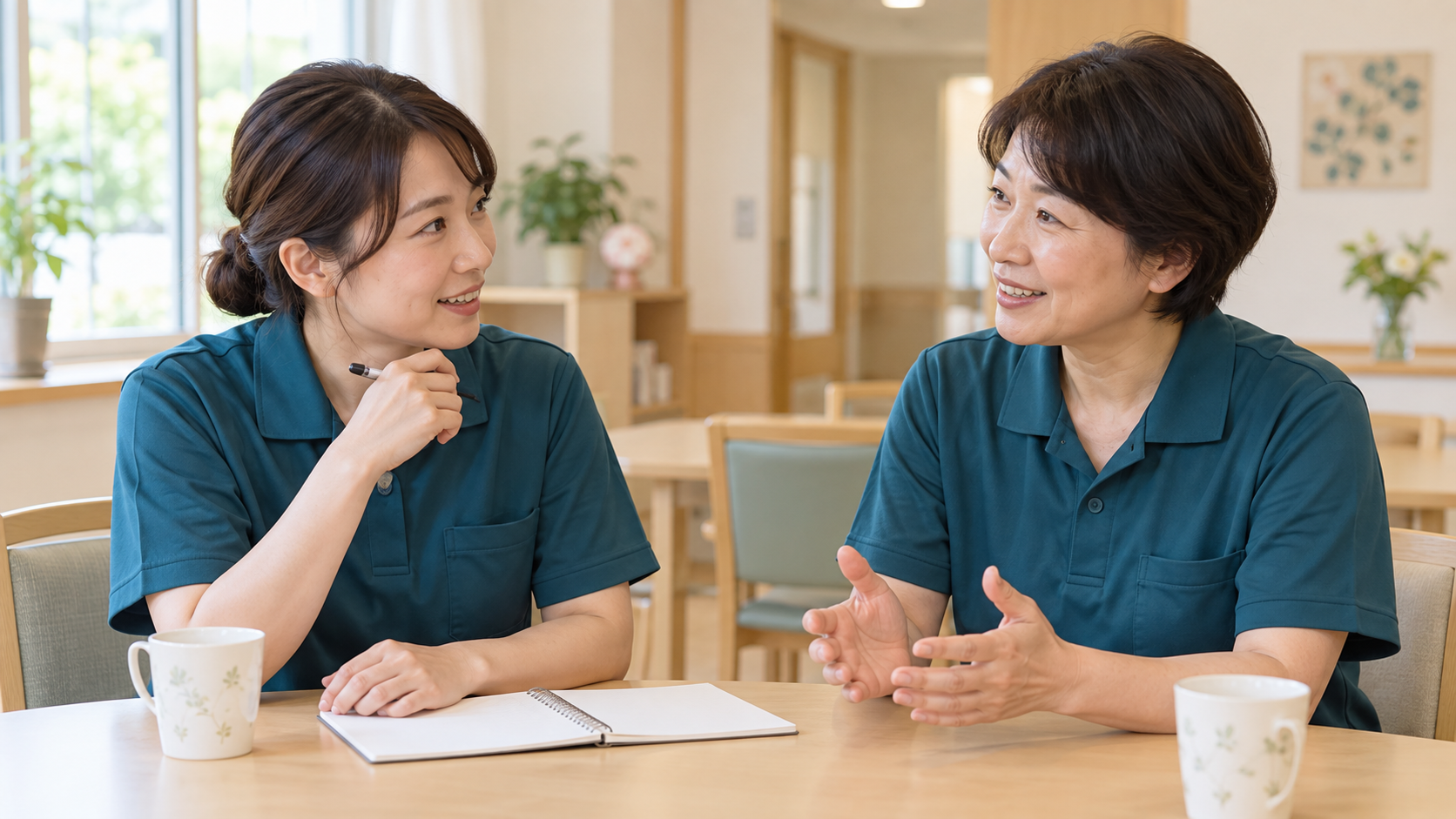 転職と年収の疑問を同僚と話す介護職