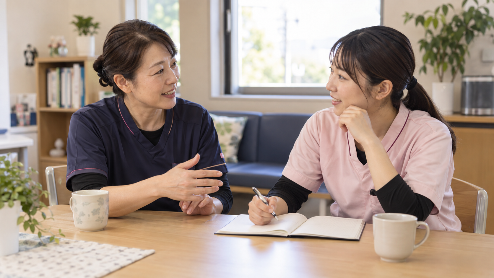 介護職の面接について先輩と相談する女性