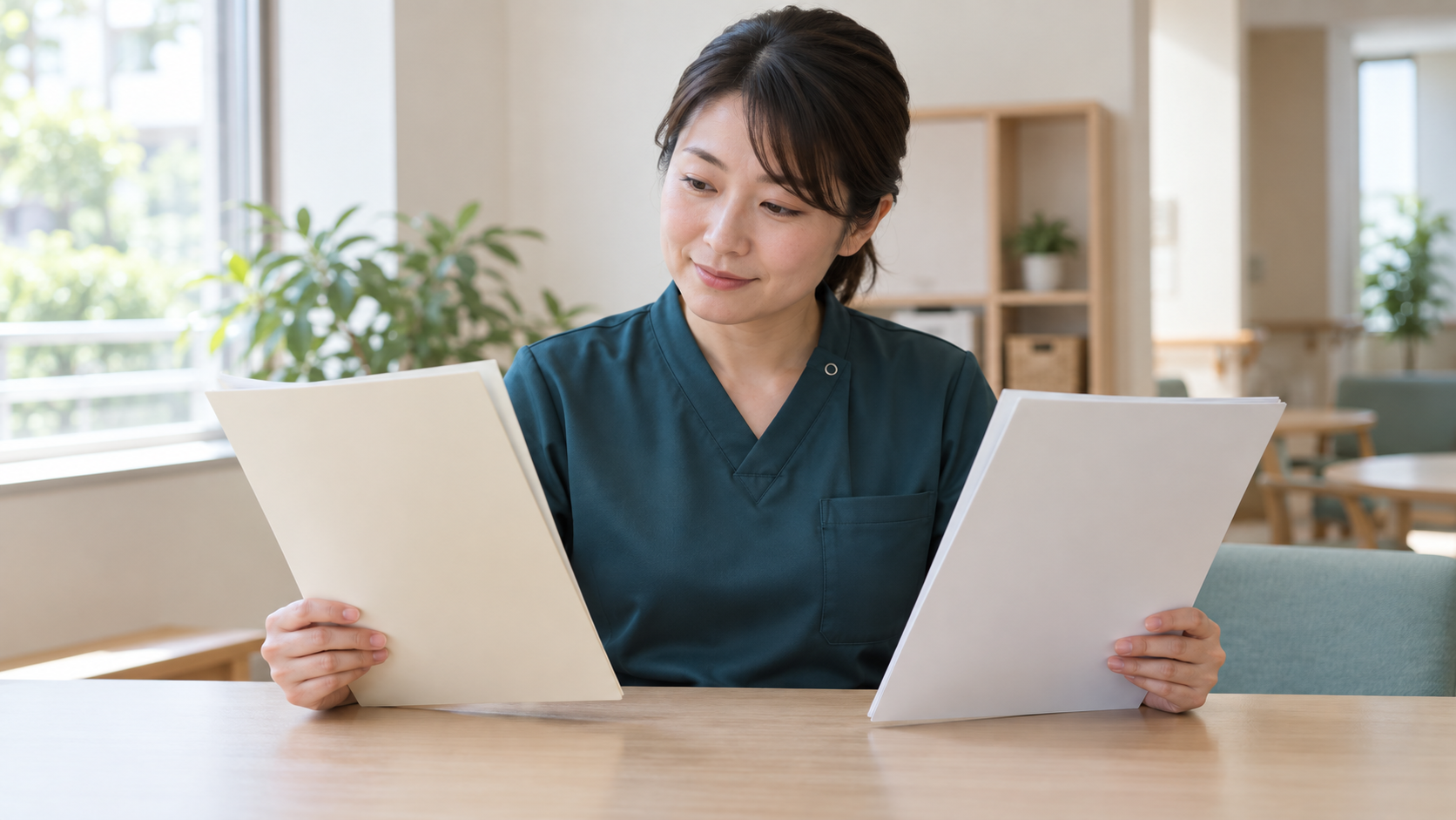 二つの講座の資料を比較する介護職